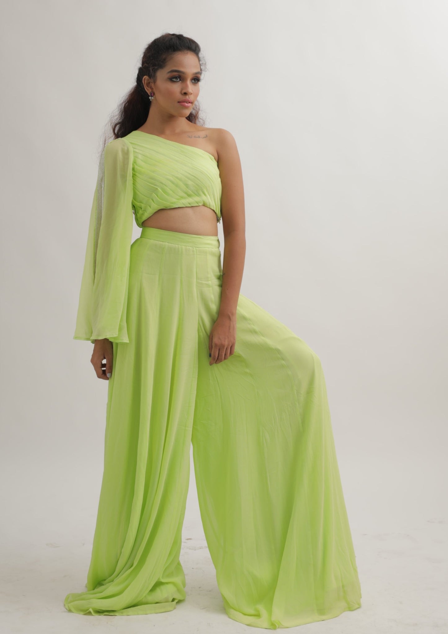 Mint Green Pleated One Shoulder Top with Flared Pants