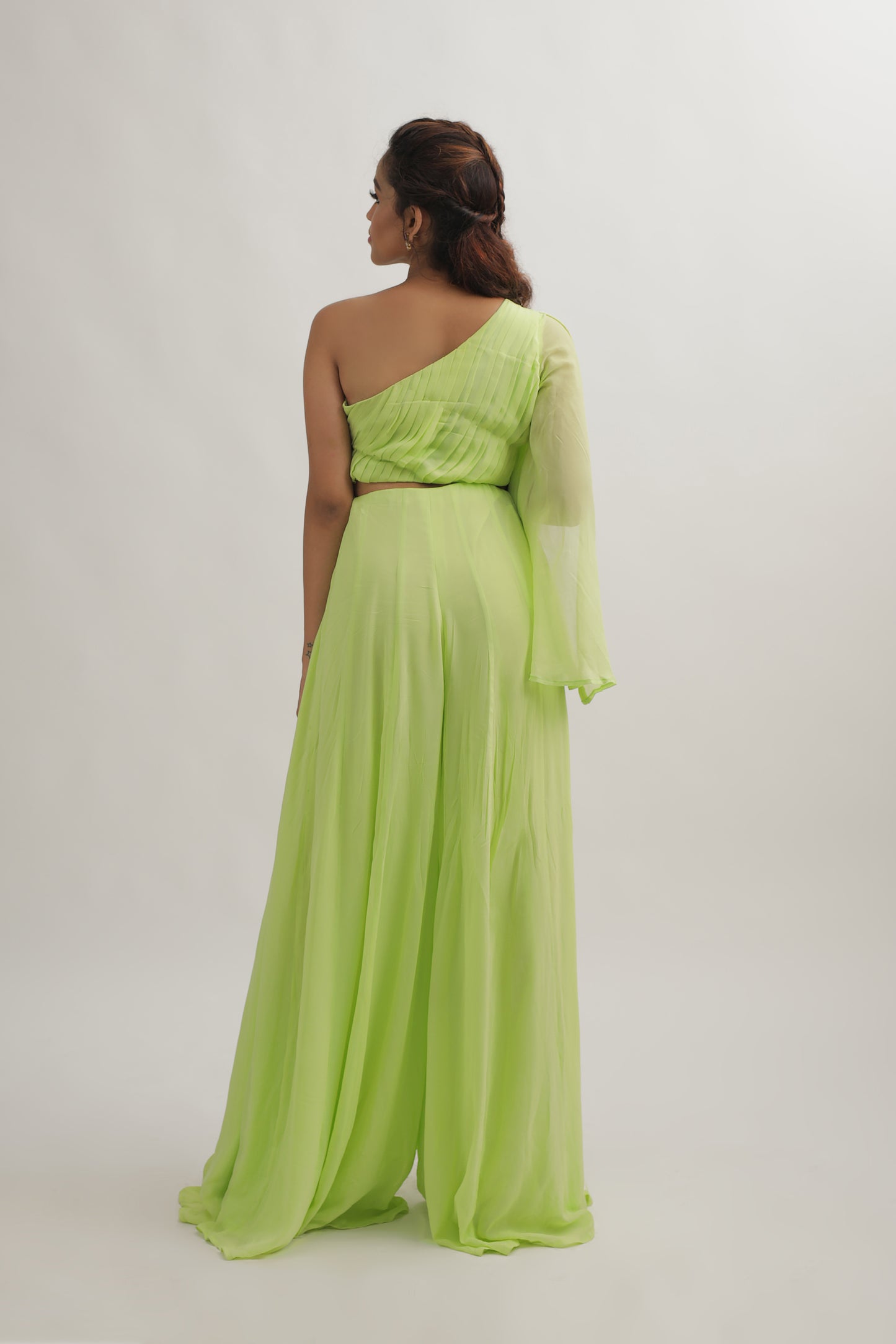 Mint Green Pleated One Shoulder Top with Flared Pants