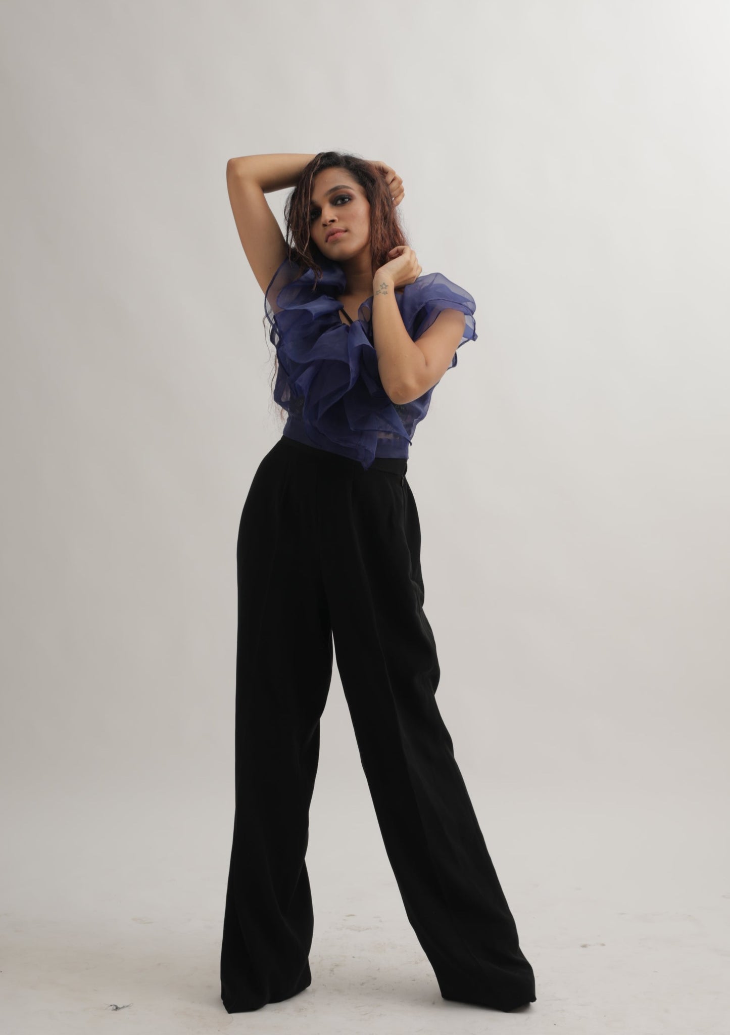 NAVY BLUE ORGANZA DRAMATIC RUFFLE TOP