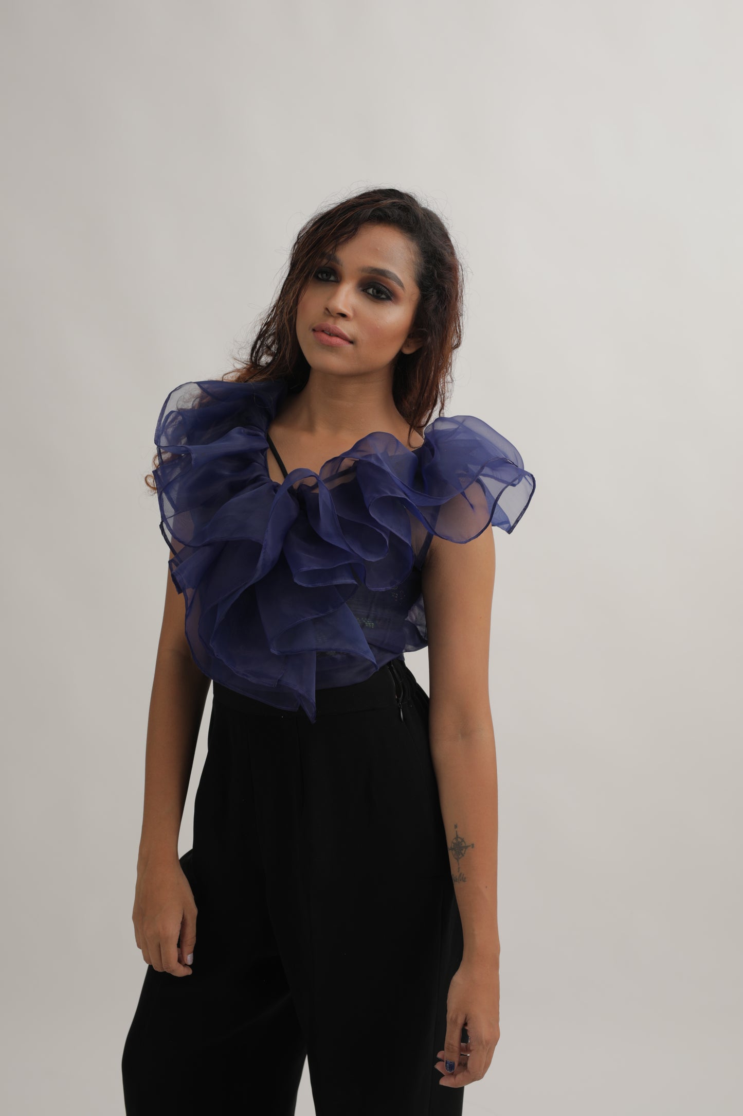 NAVY BLUE ORGANZA DRAMATIC RUFFLE TOP