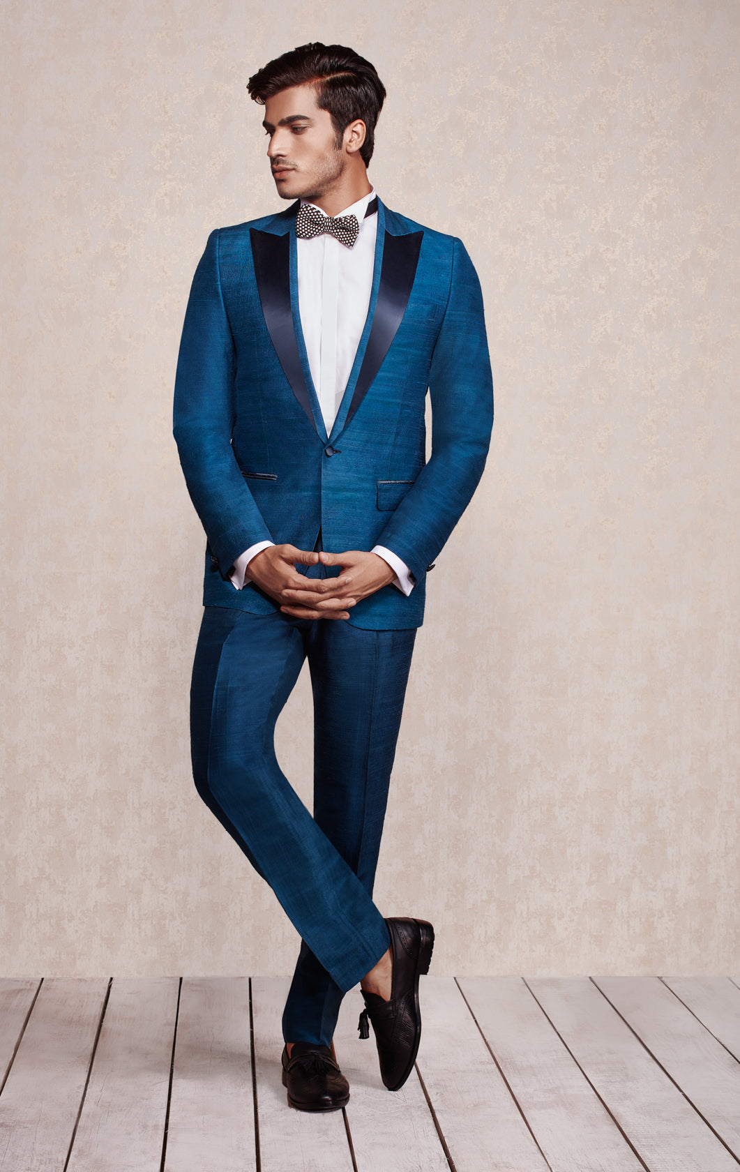Blue Raw Silk Peak Lapel Tuxedo