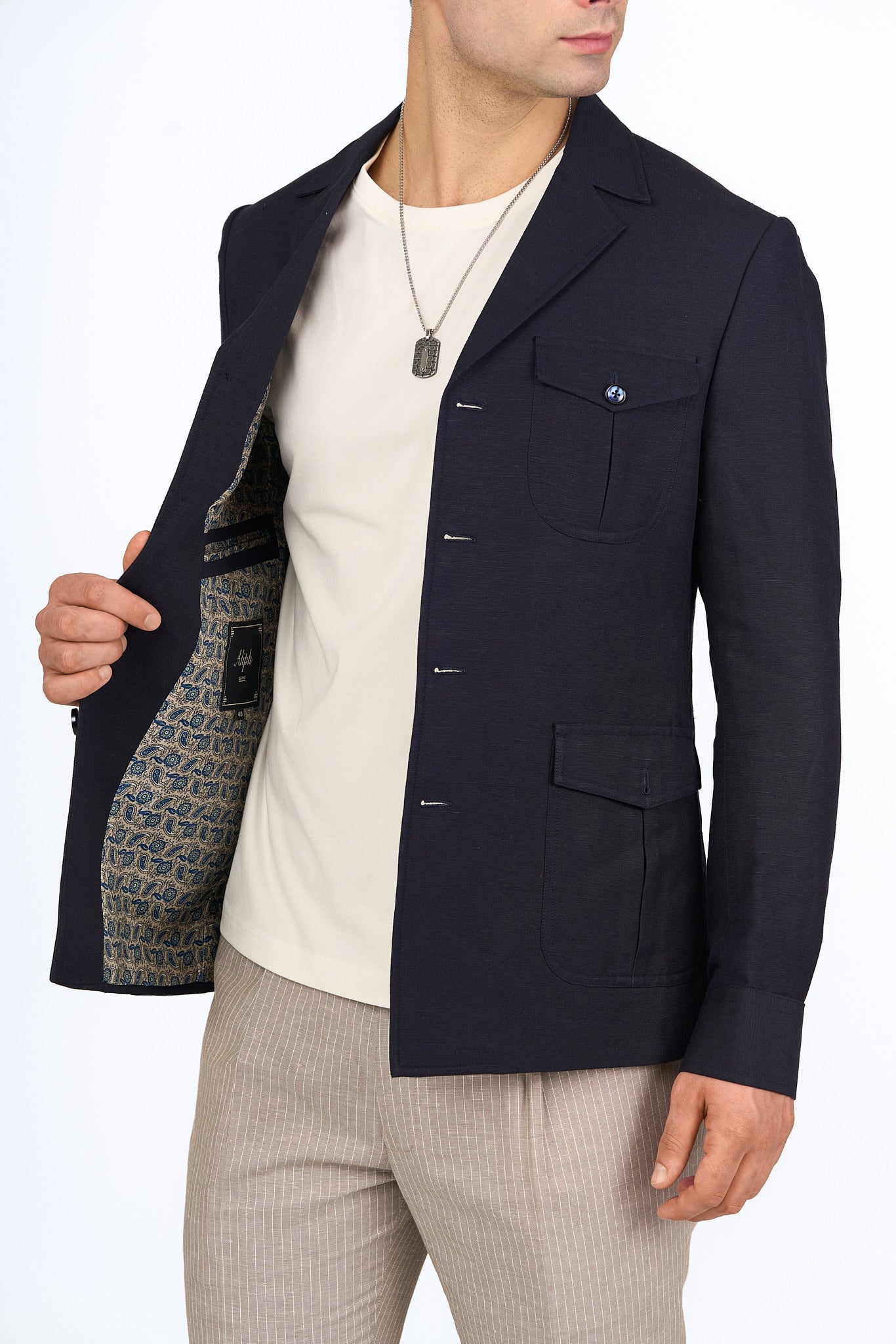 Midnight Blue Linen Utility Overshirt