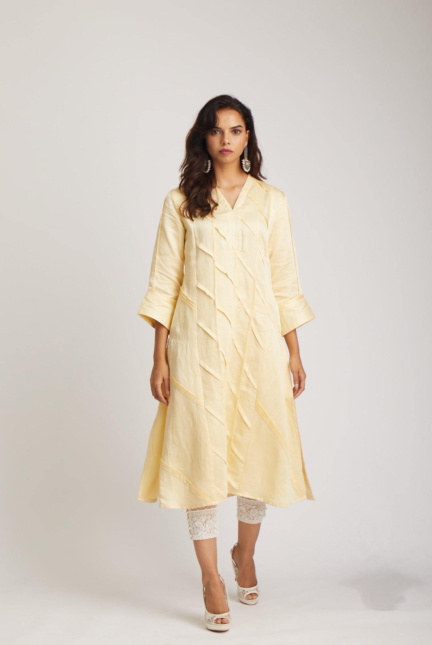 Lemon Icing Diagonal Pin Tuck Kurta