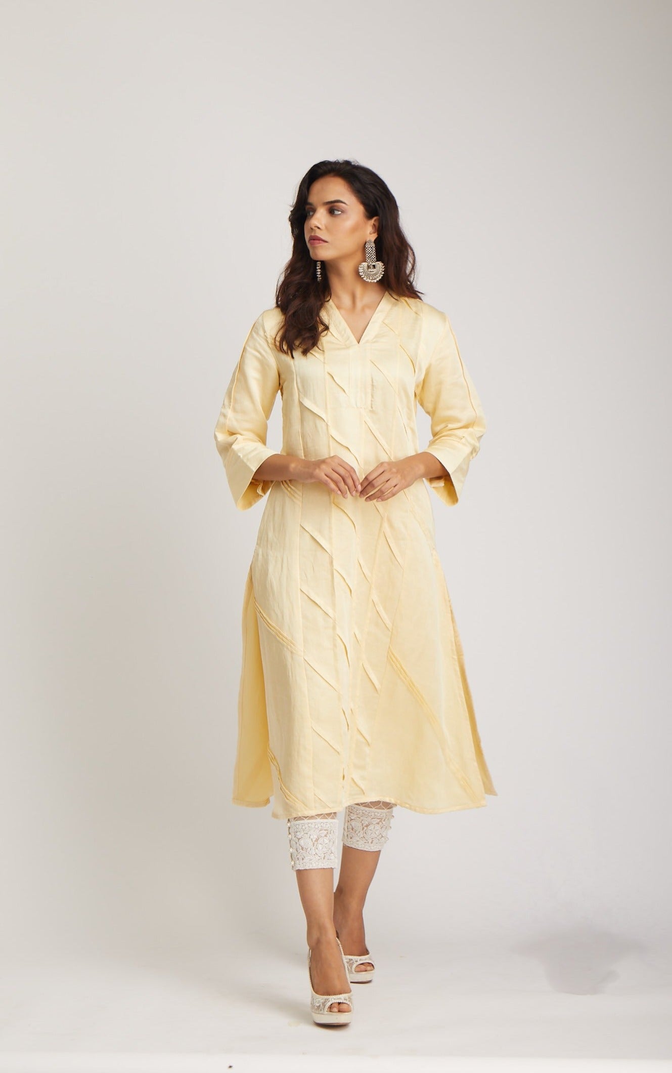 Lemon Icing Diagonal Pin Tuck Kurta