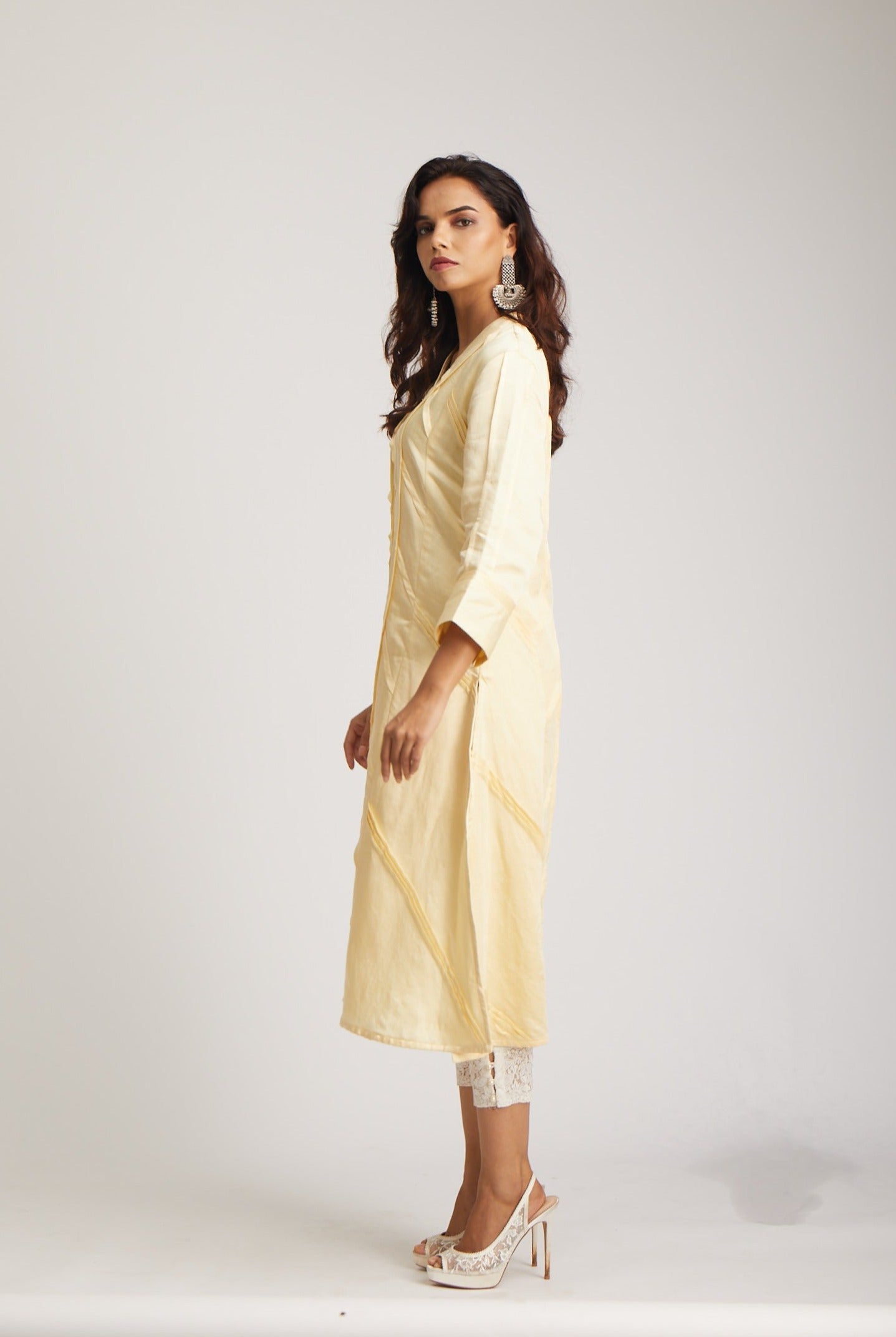 Lemon Icing Diagonal Pin Tuck Kurta