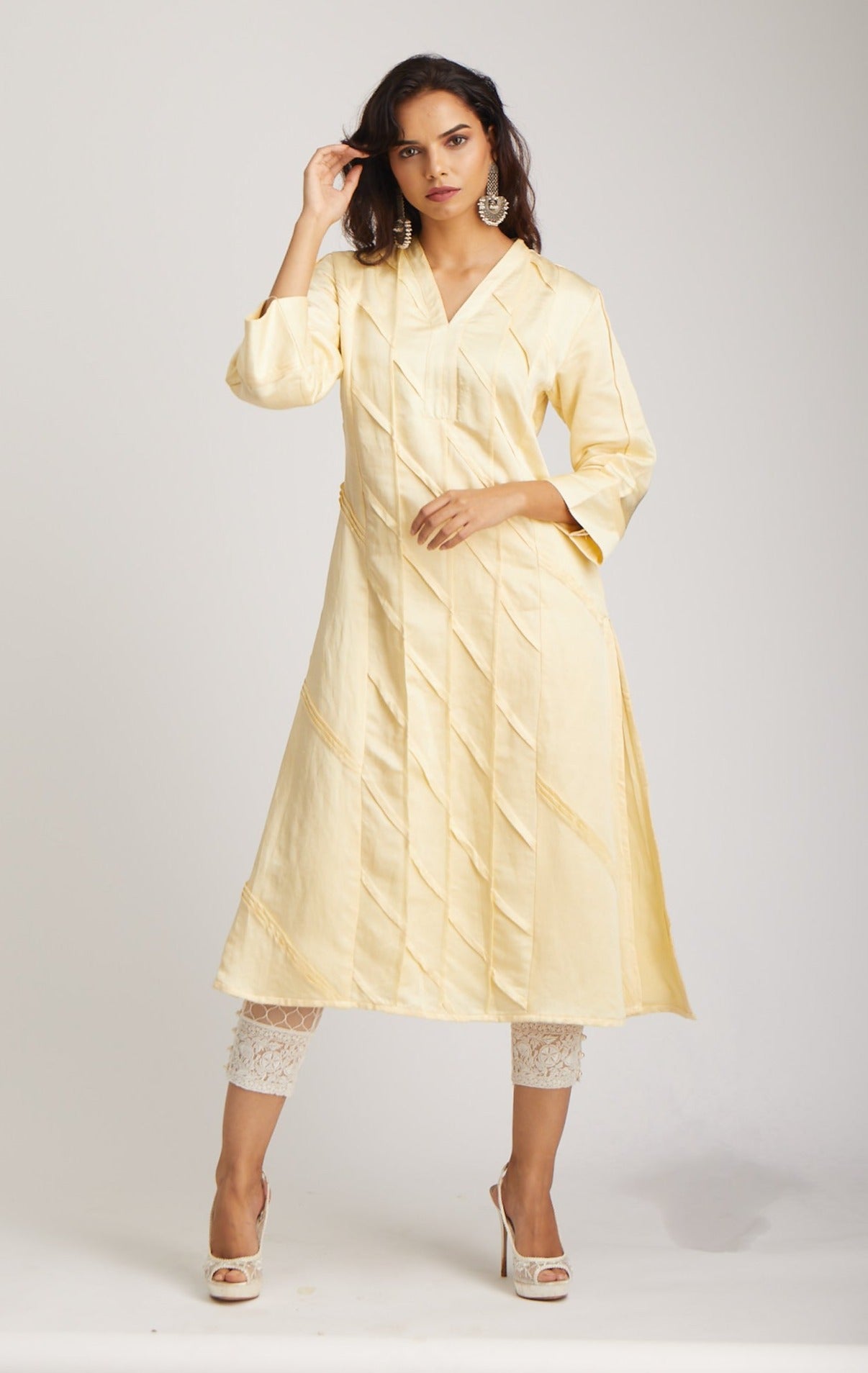 Lemon Icing Diagonal Pin Tuck Kurta