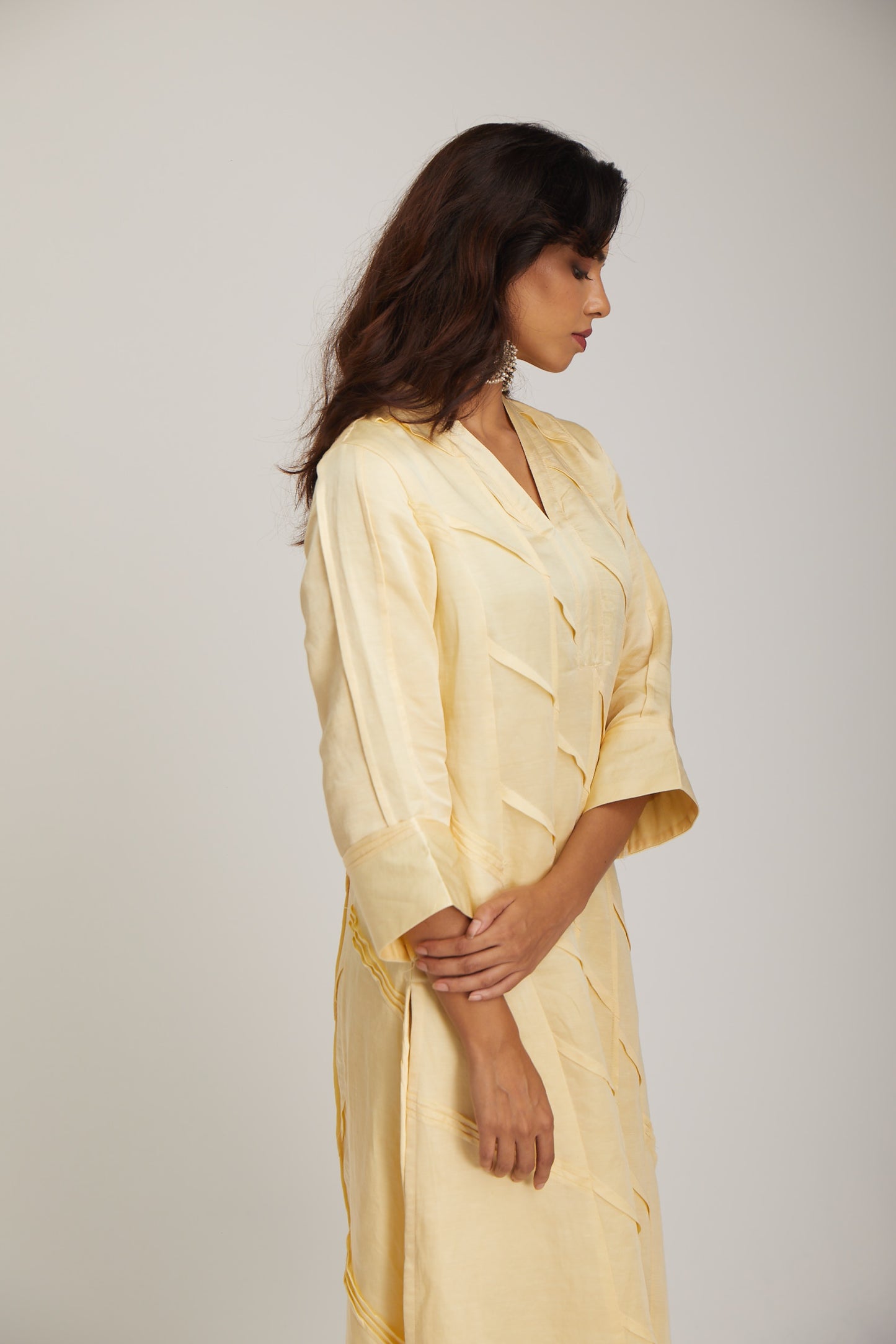 Lemon Icing Diagonal Pin Tuck Kurta