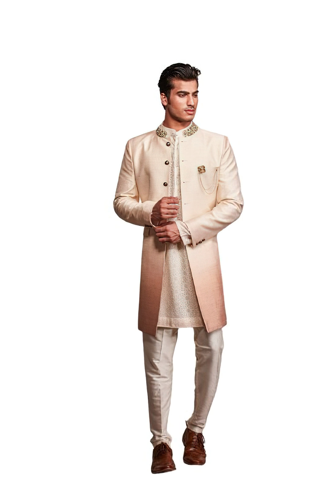 Ombre Embroidered Silk Shervani (creme_beige)