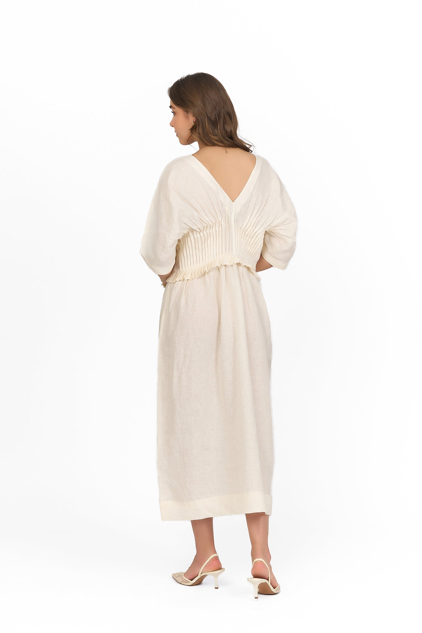 Ivory V Neck Pintuck Linen Dress