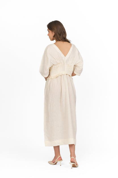 Ivory V Neck Pintuck Linen Dress