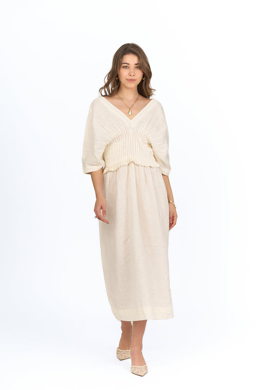 Ivory V Neck Pintuck Linen Dress