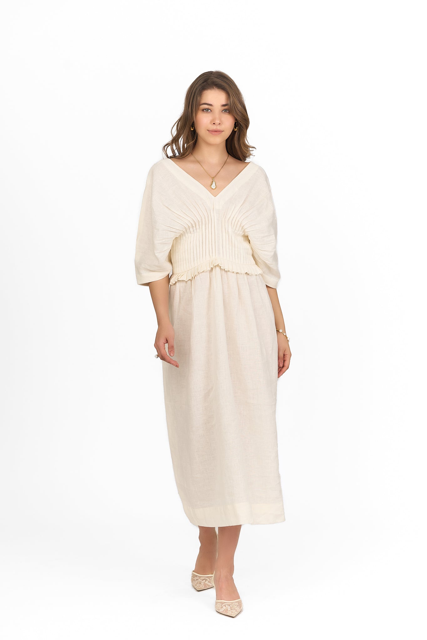 Ivory V Neck Pintuck Linen Dress