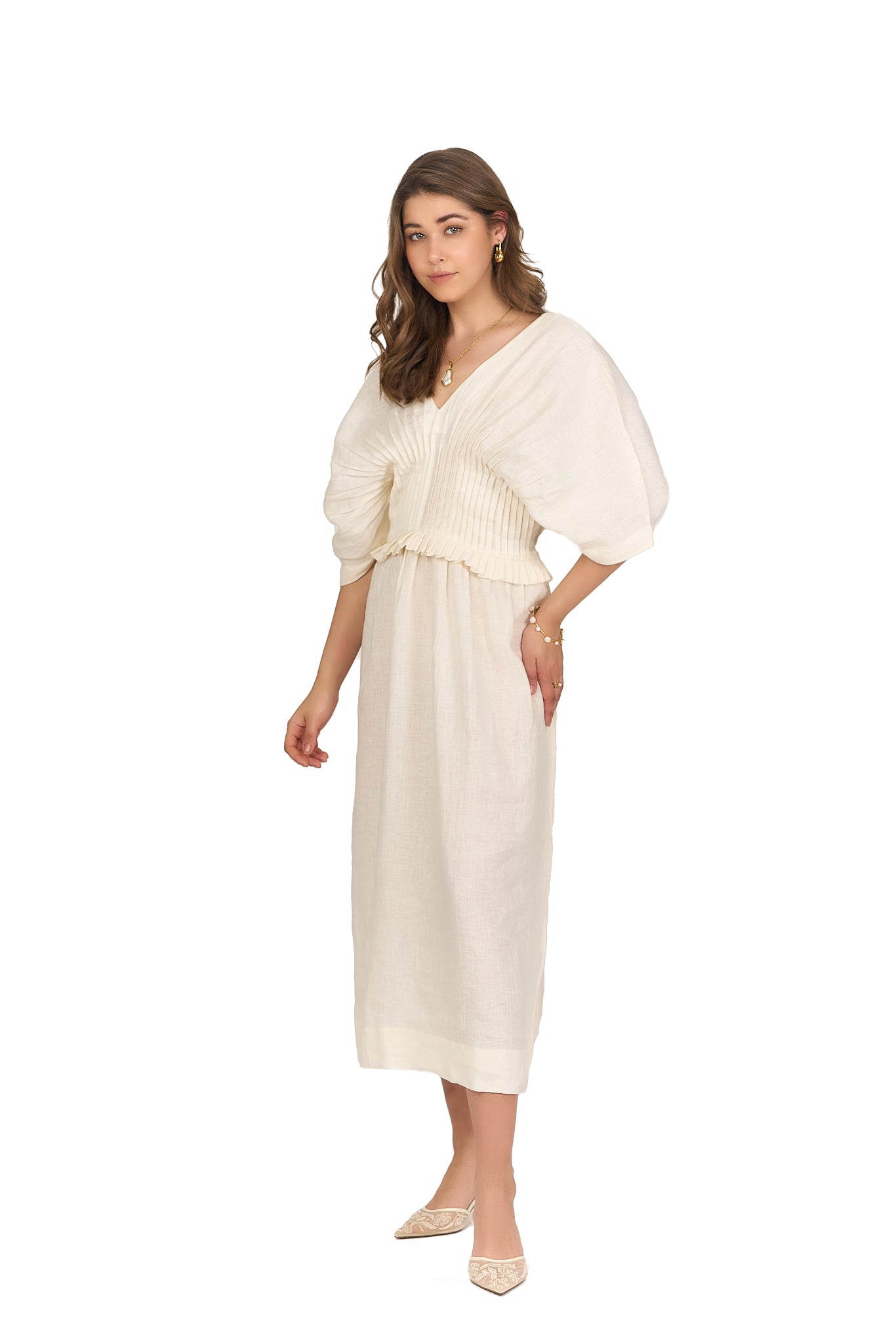 Ivory V Neck Pintuck Linen Dress