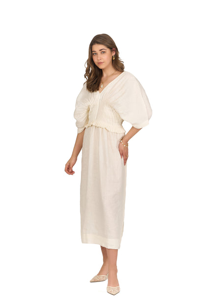 Ivory V Neck Pintuck Linen Dress
