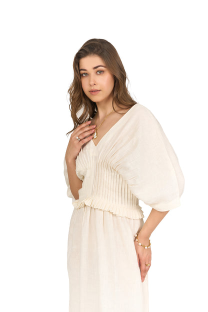 Ivory V Neck Pintuck Linen Dress