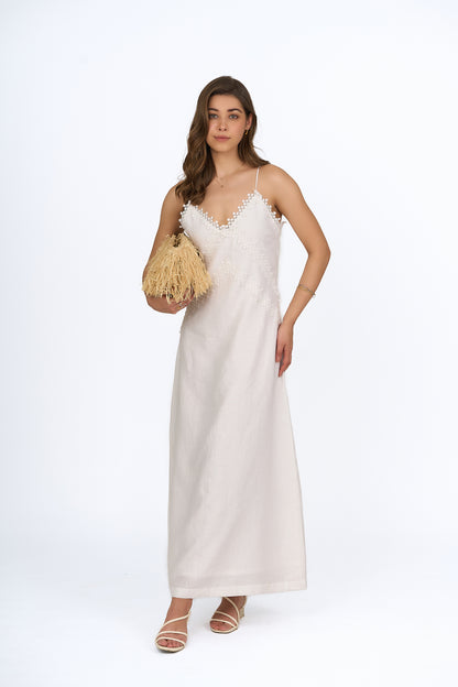 Pearl White Lace Appliqué Linen Slip Dress