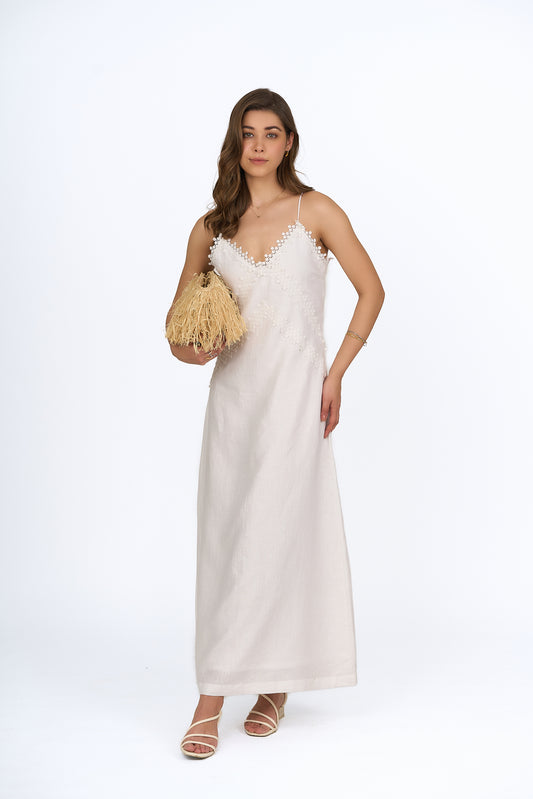 Pearl White Lace Appliqué Linen Slip Dress