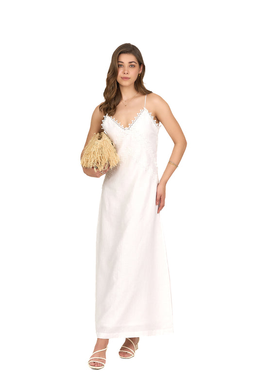 Pearl White Lace Appliqué Linen Slip Dress