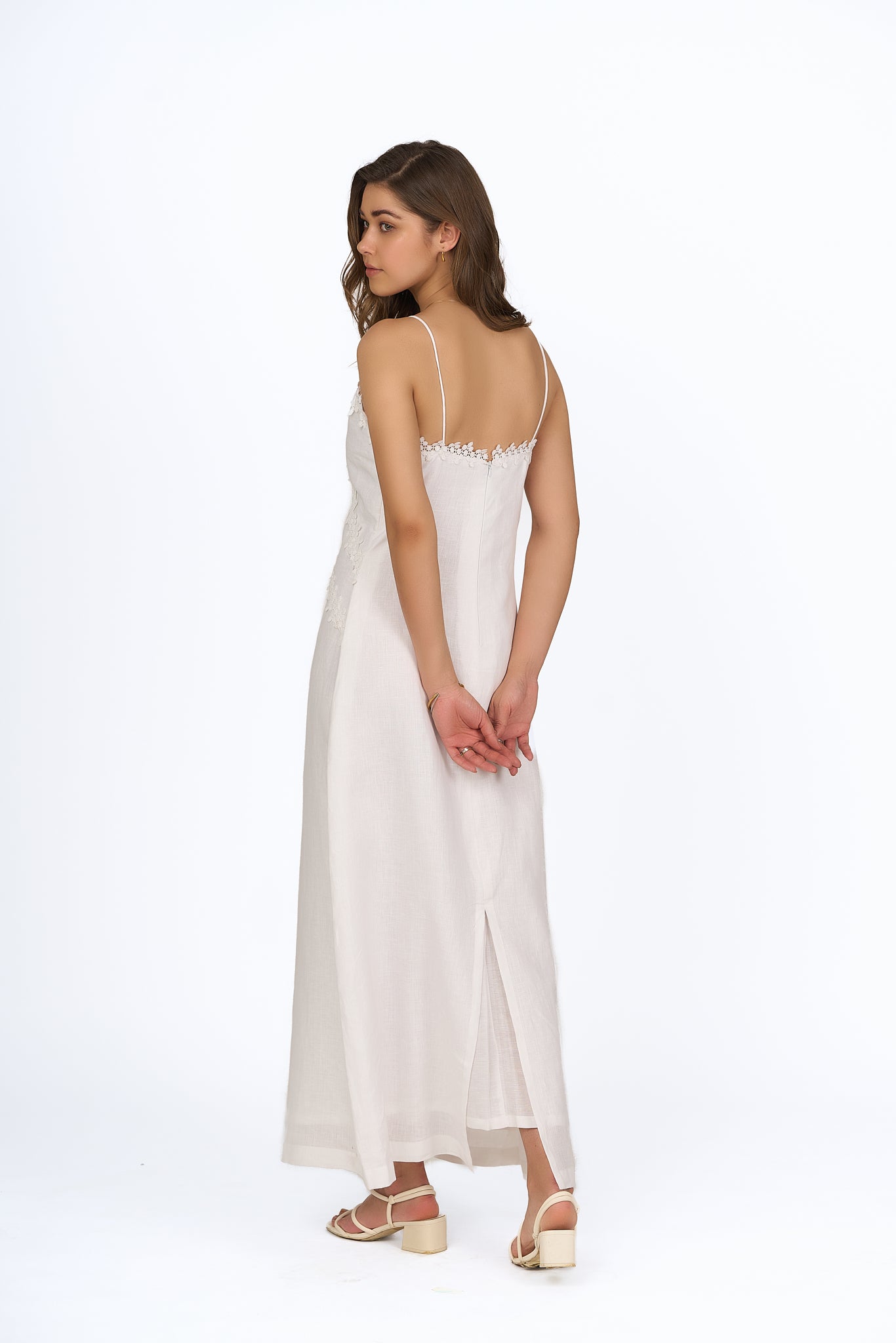 Pearl White Lace Appliqué Linen Slip Dress