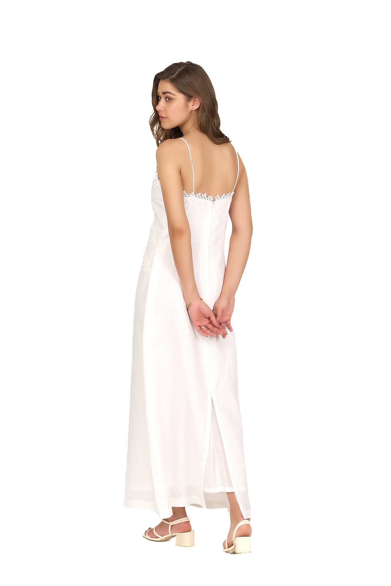 Pearl White Lace Appliqué Linen Slip Dress