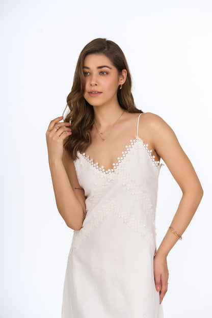Pearl White Lace Appliqué Linen Slip Dress