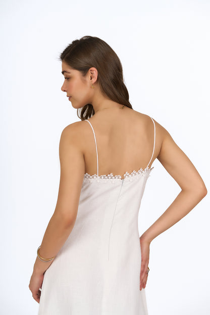 Pearl White Lace Appliqué Linen Slip Dress