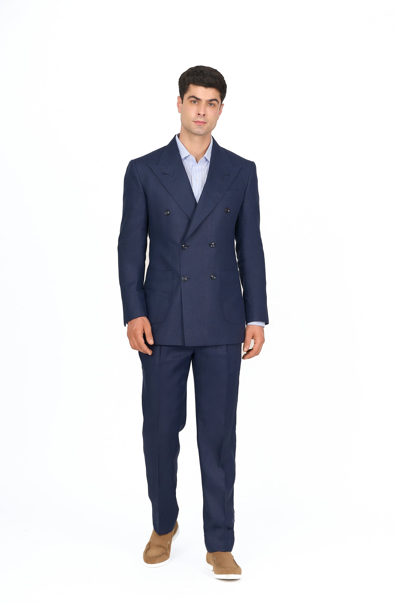 Navy Linen Double-Breasted Suit