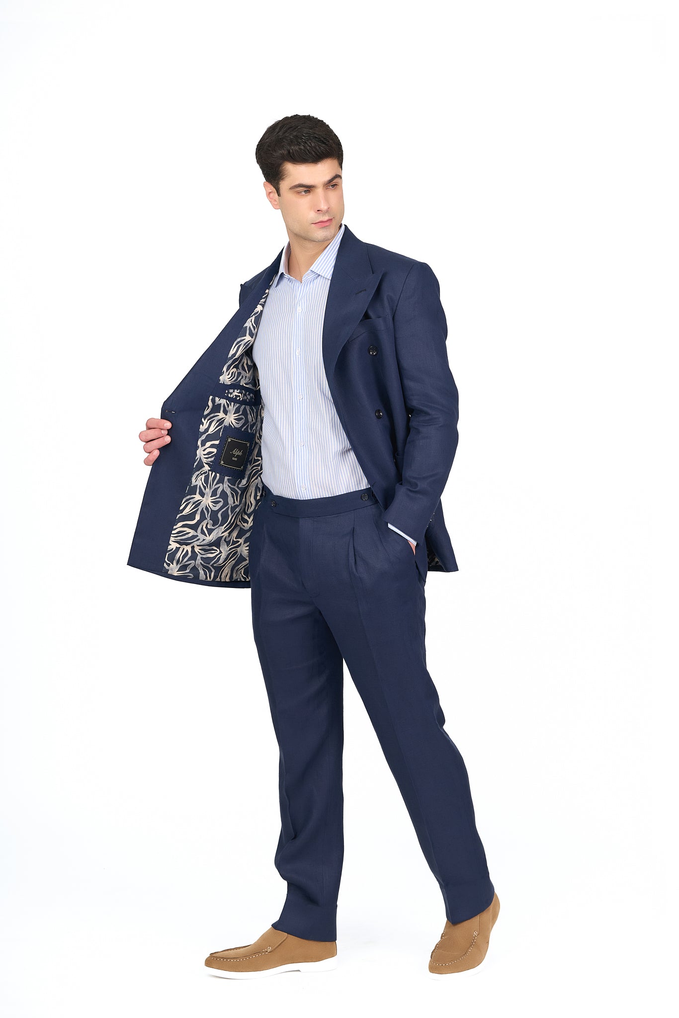 Navy Linen Double-Breasted Suit