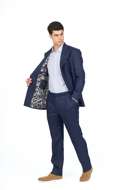 Navy Linen Double-Breasted Suit