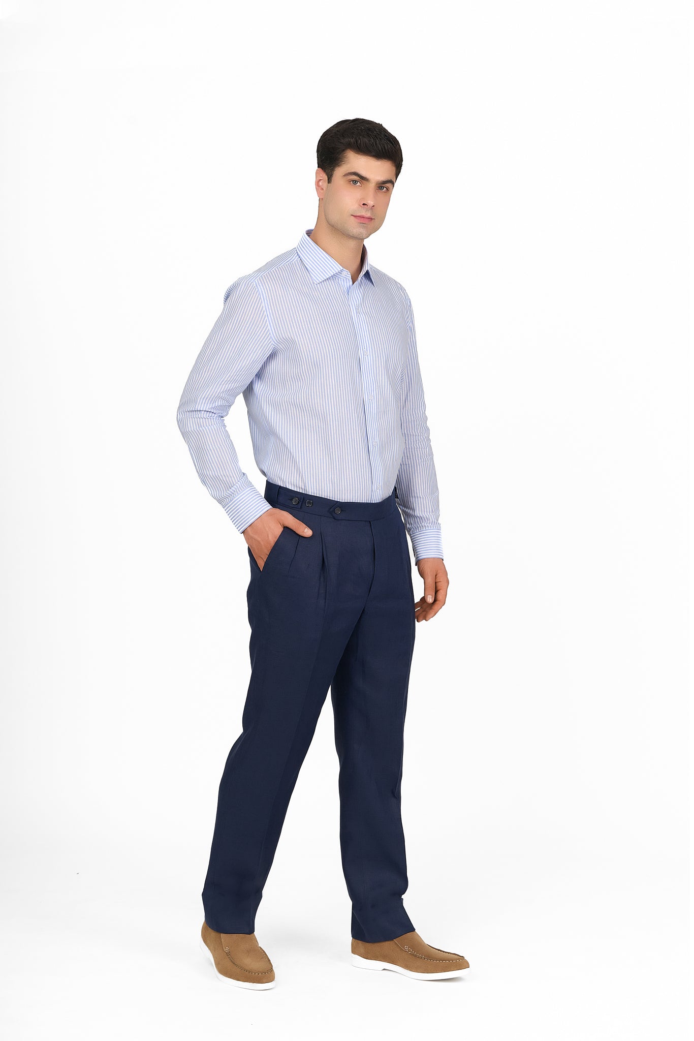 Navy Linen Tailored Trousers