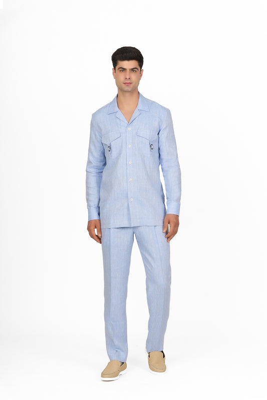 Chambray Light Blue Linen Utility Shirt