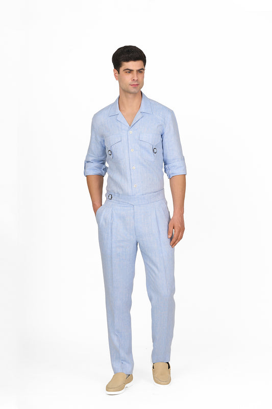 Chambray Blue Linen Pleated Trousers