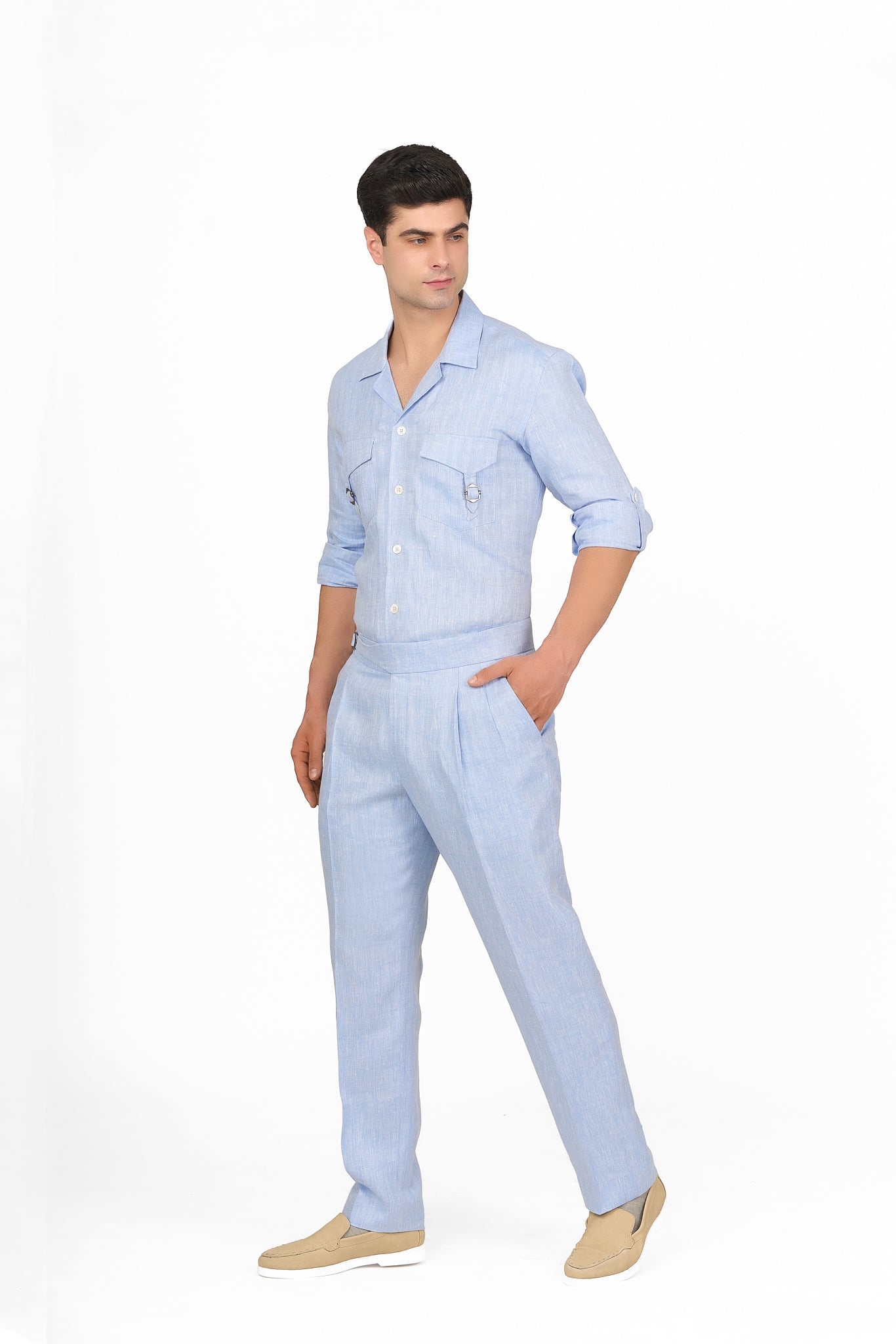 Chambray Blue Linen Pleated Trousers