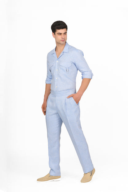Chambray Blue Linen Pleated Trousers
