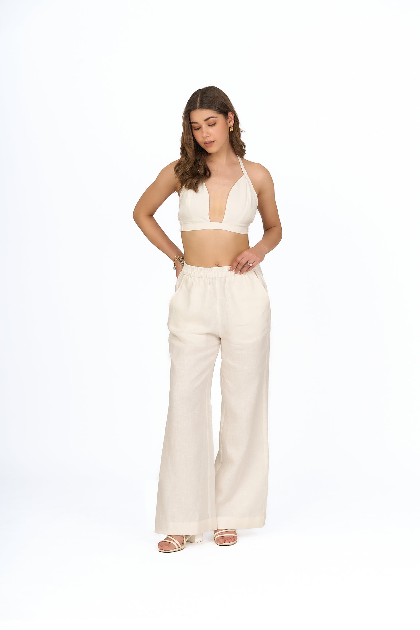 Ivory Elasticated Linen Trousers