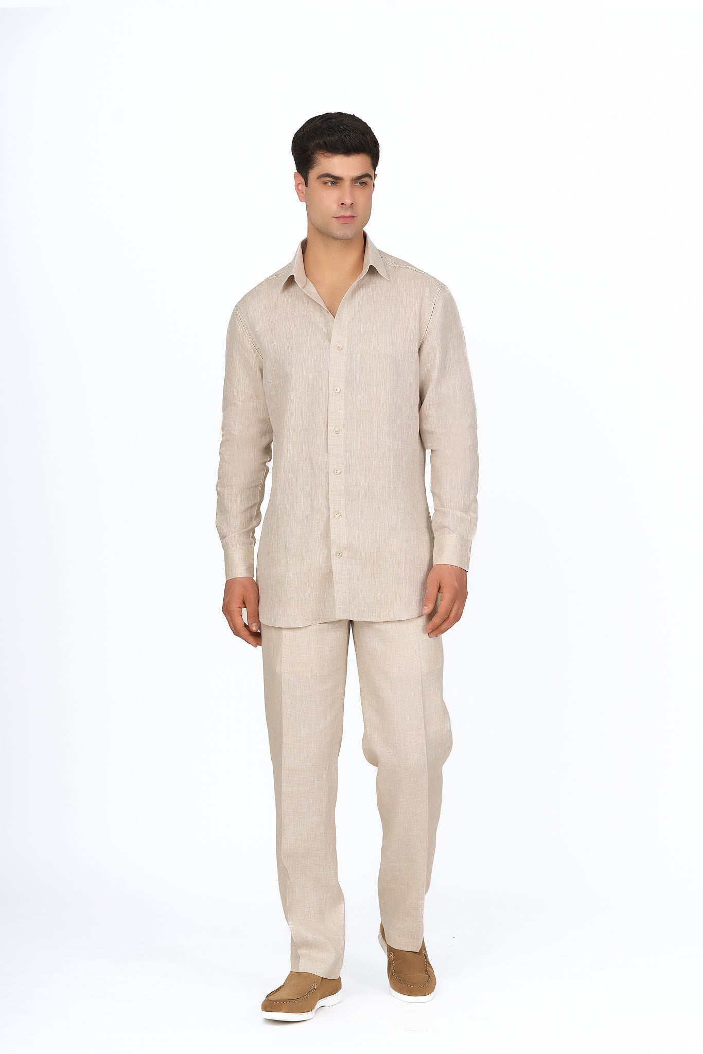 Beige Linen Embroidered Shirt
