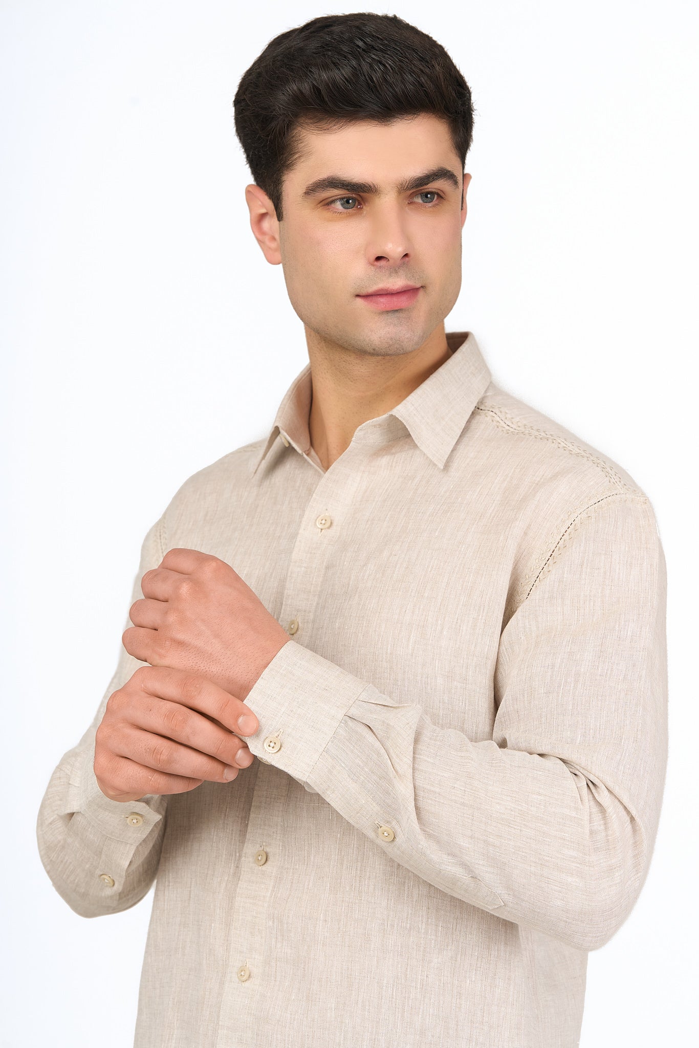 Beige Linen Embroidered Shirt
