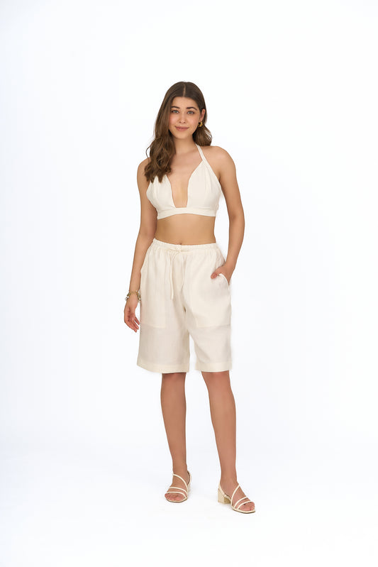 Ivory Drawstring Linen Shorts