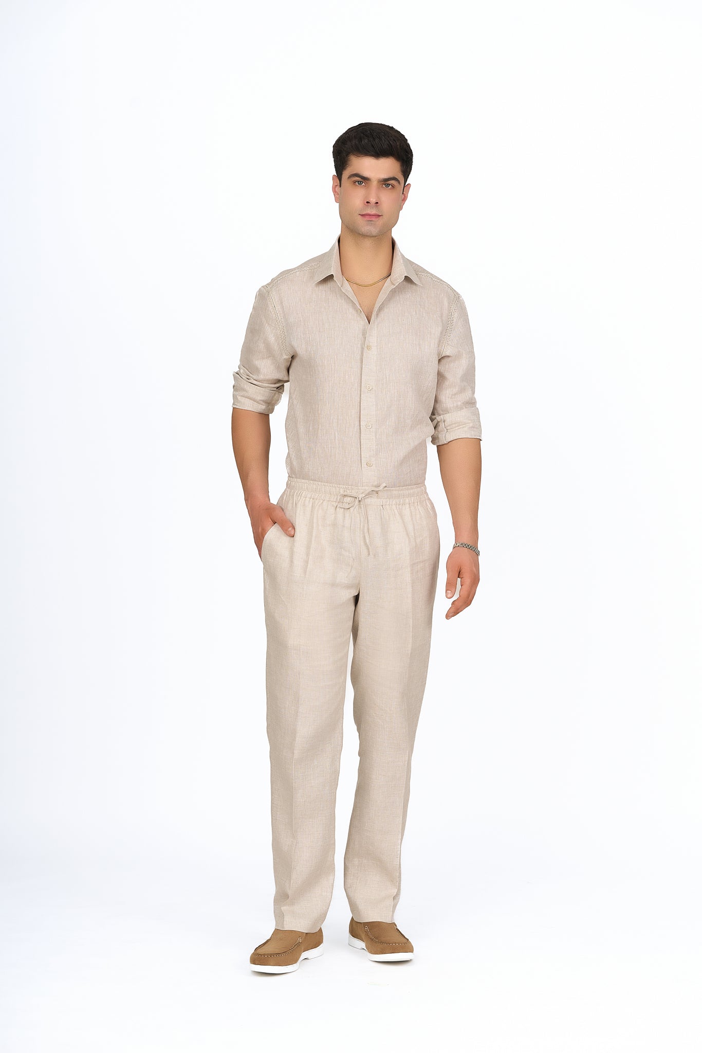 Beige Linen Drawstring Trousers
