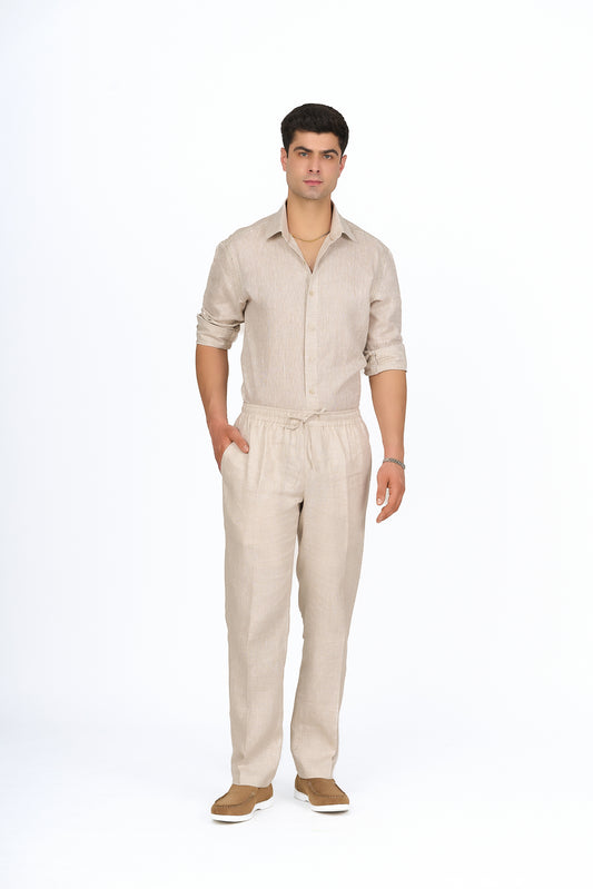 Beige Linen Drawstring Trousers