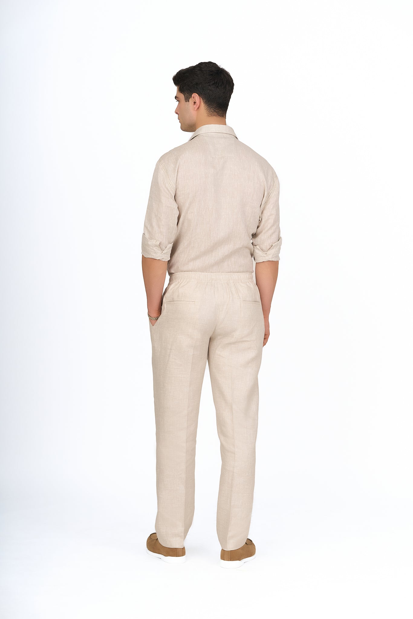 Beige Linen Drawstring Trousers