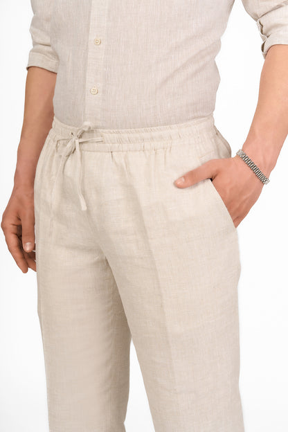 Beige Linen Drawstring Trousers