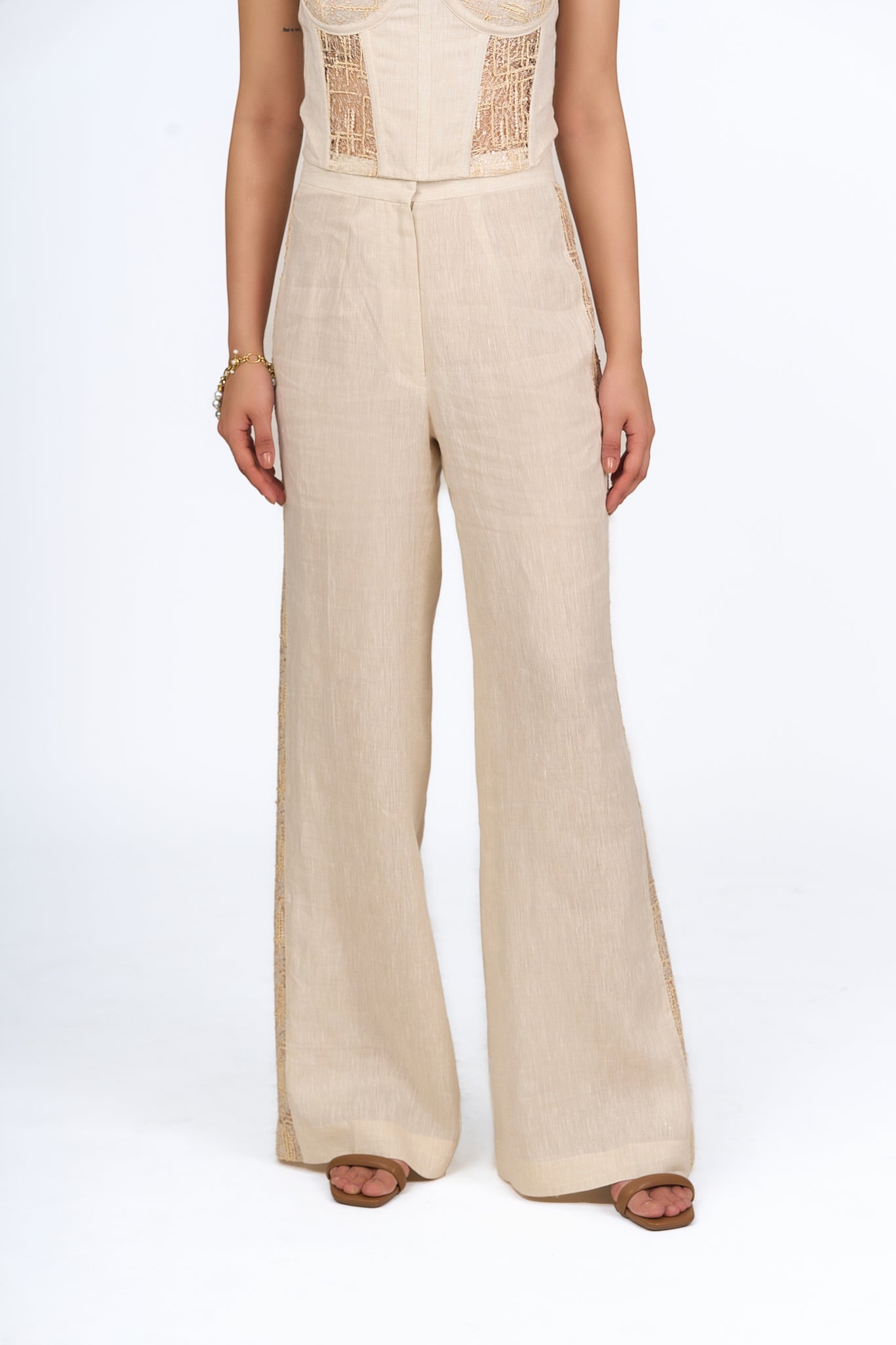 Sand Lace Panel Linen Trousers