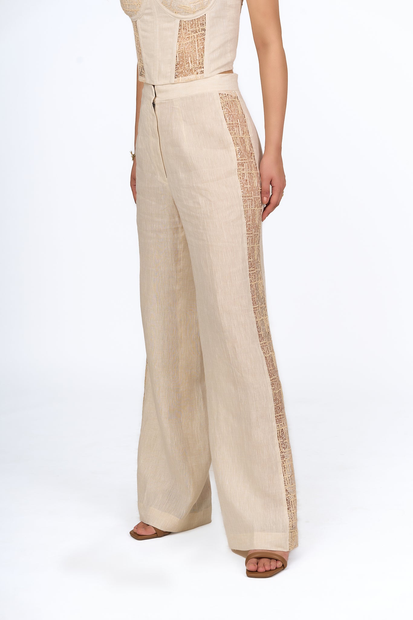 Sand Lace Panel Linen Trousers
