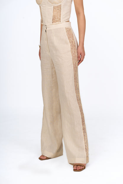 Sand Lace Panel Linen Trousers