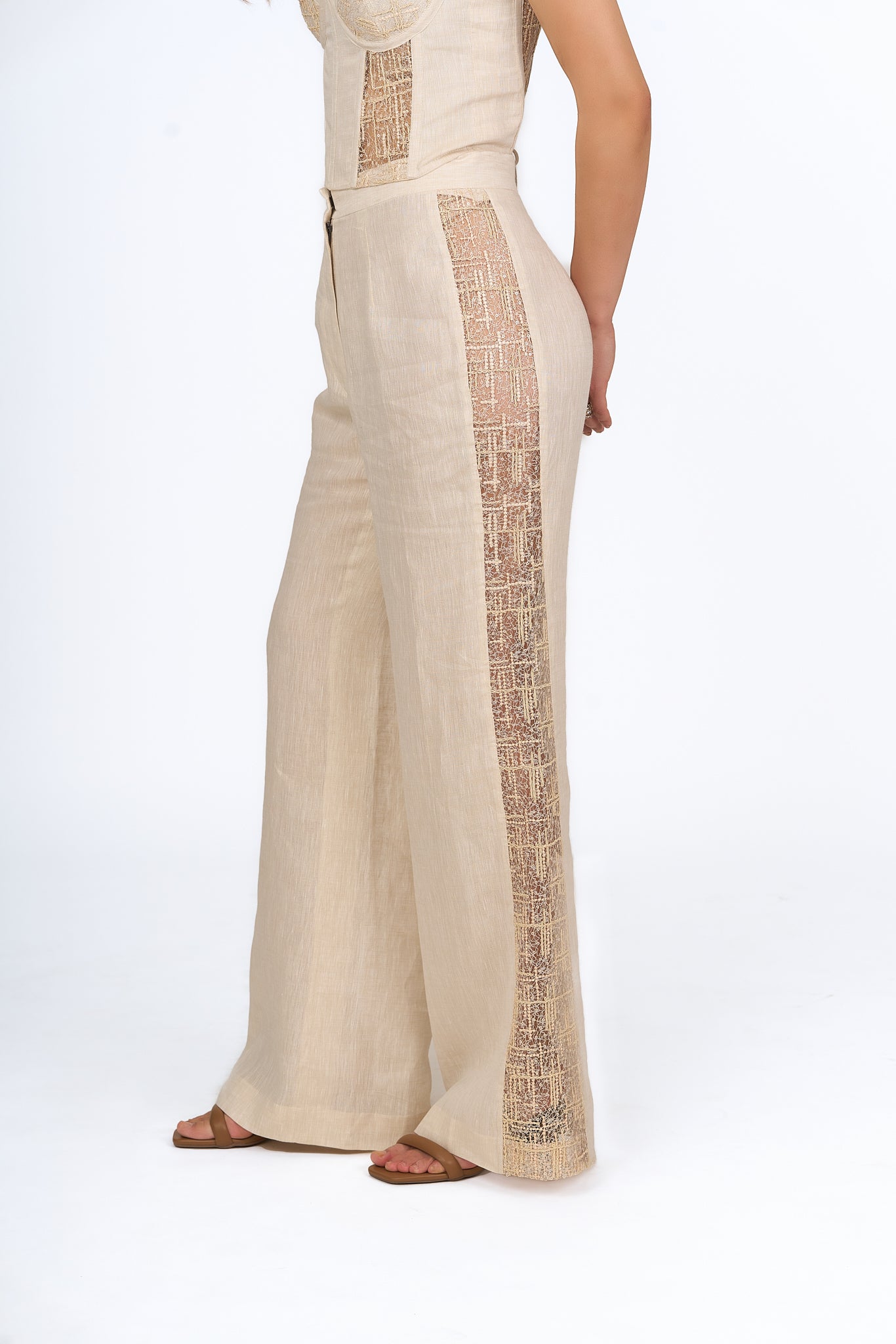 Sand Lace Panel Linen Trousers