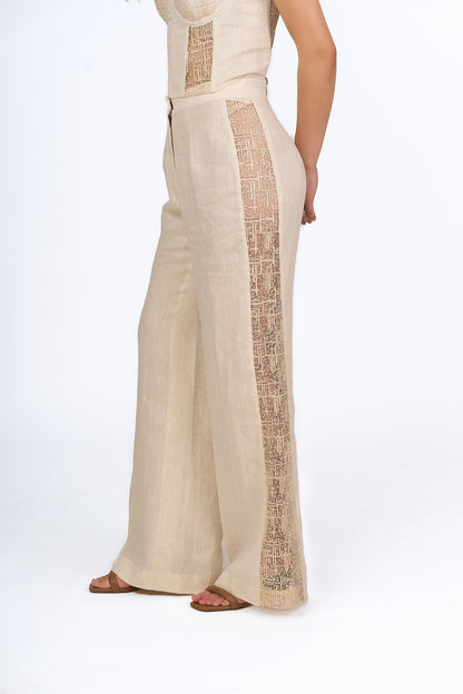 Sand Lace Panel Linen Trousers