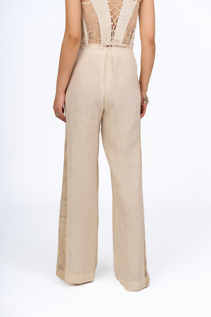 Sand Lace Panel Linen Trousers