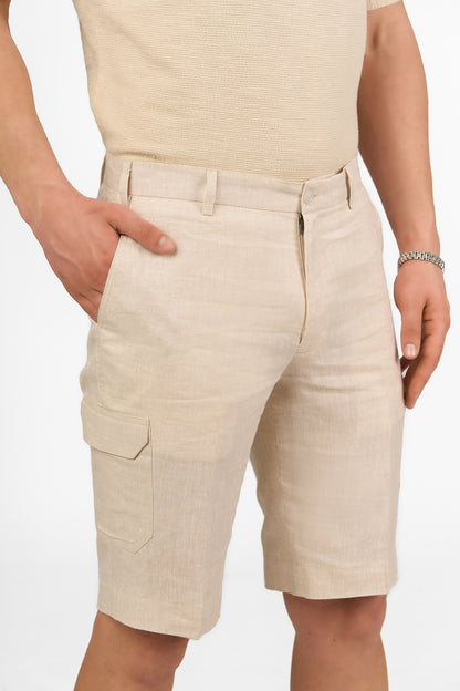 Beige Linen Cargo Shorts