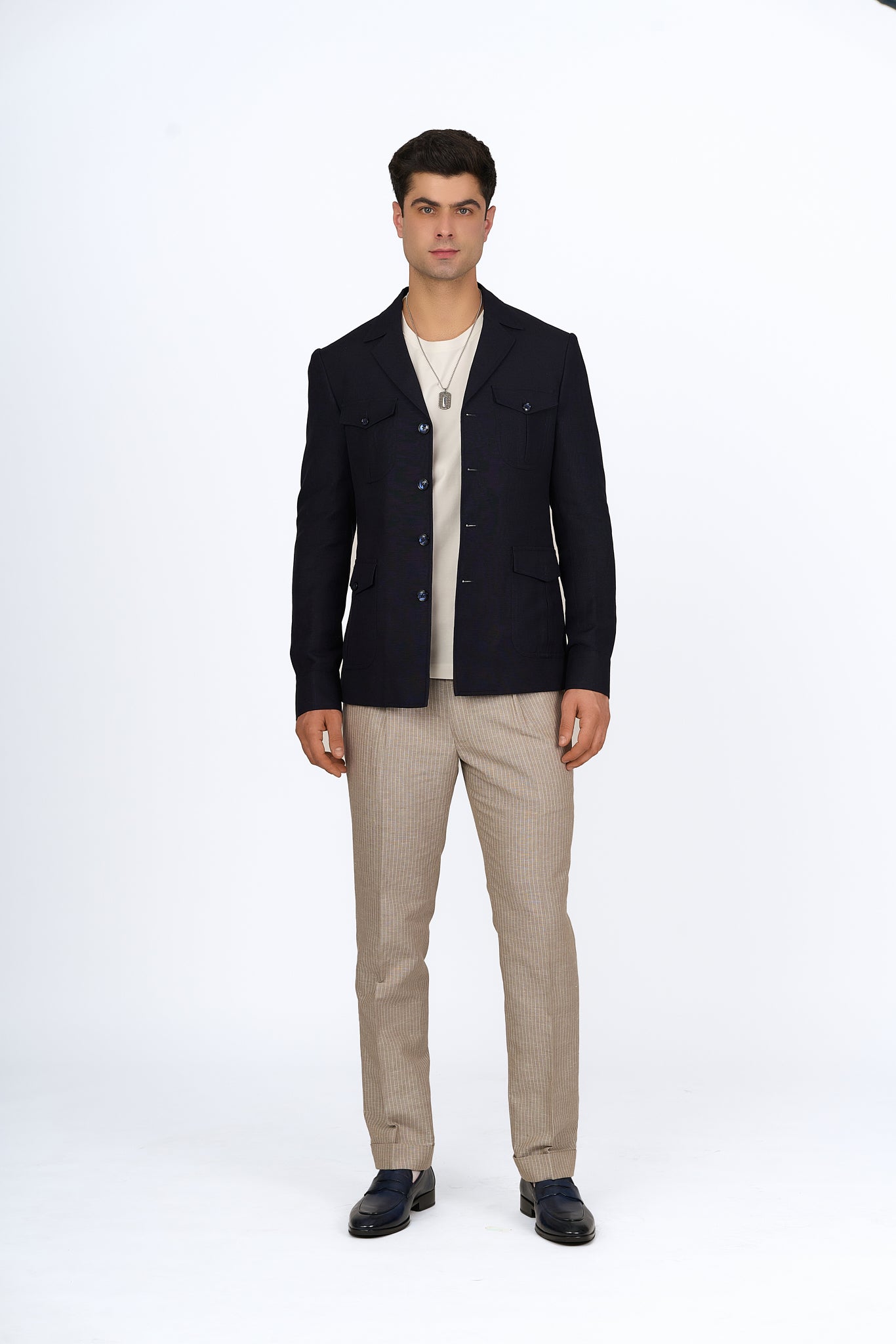 Midnight Blue Linen Utility Overshirt